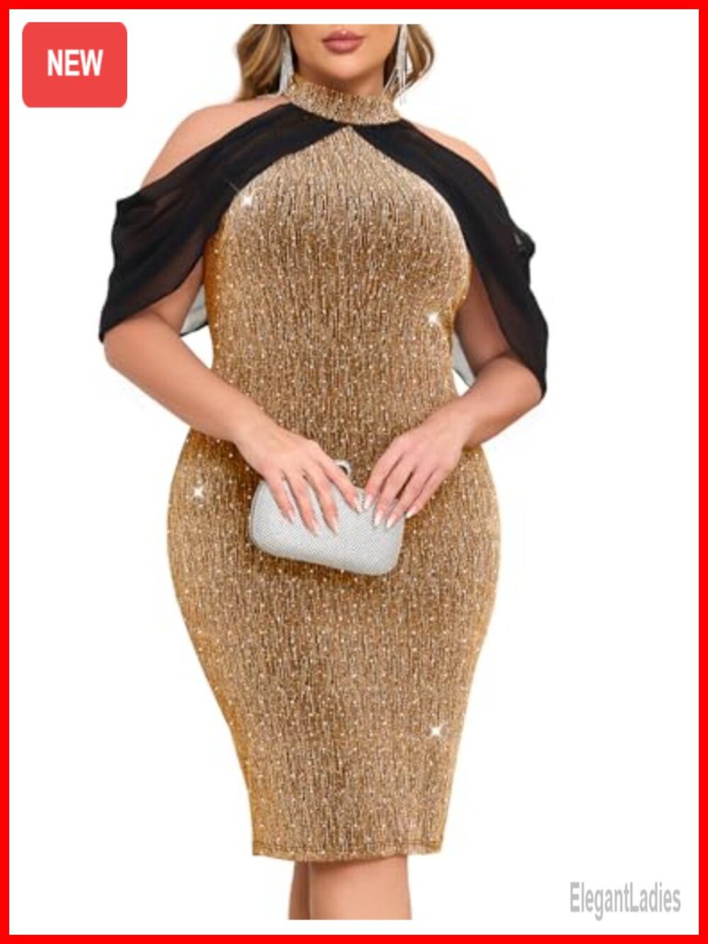 Plus Size Sparkly Party Dress Bodycon Halter Neck with Cape Sleeves
